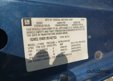 2001 Chevrolet Astro Ls from USA, damaged, VIN 1GNEL19WX1B142153